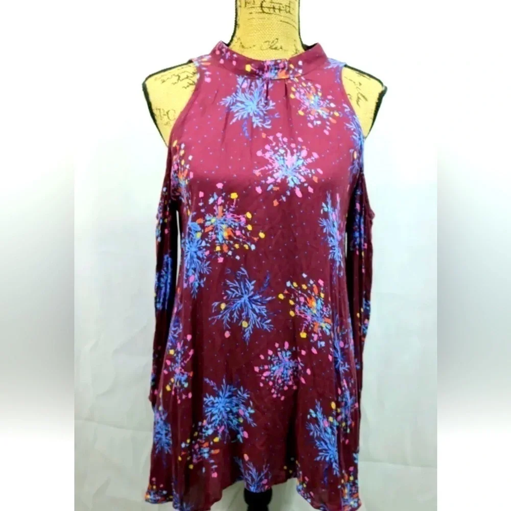 Free People Cold Shoulder Blouse Burgandy Floral Draped Fit Long Sleeve Sz Small